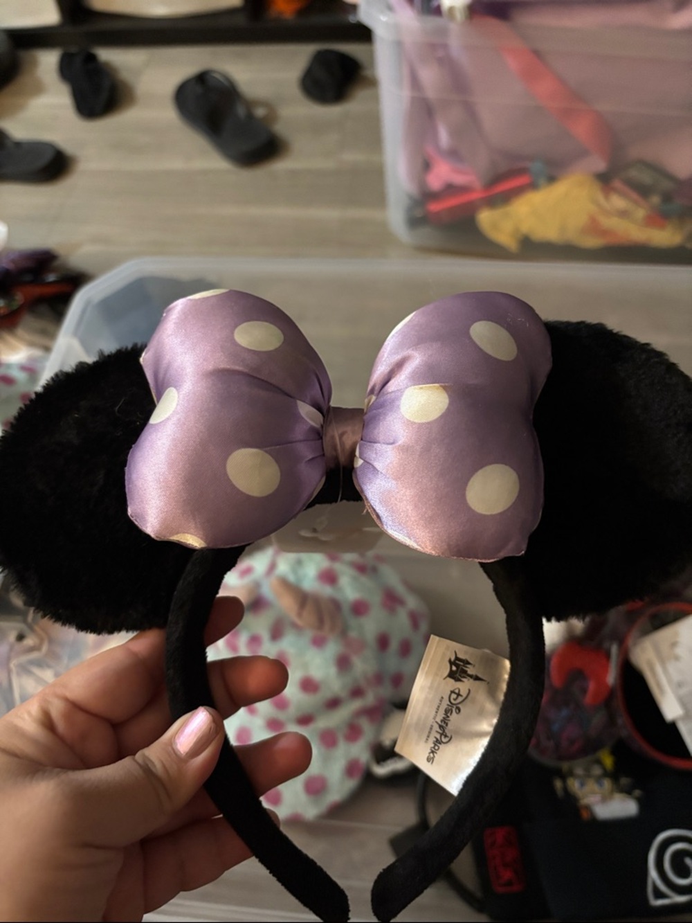 Disney Black Minnie Ears Headband with Lavender Polka Dot Bow
